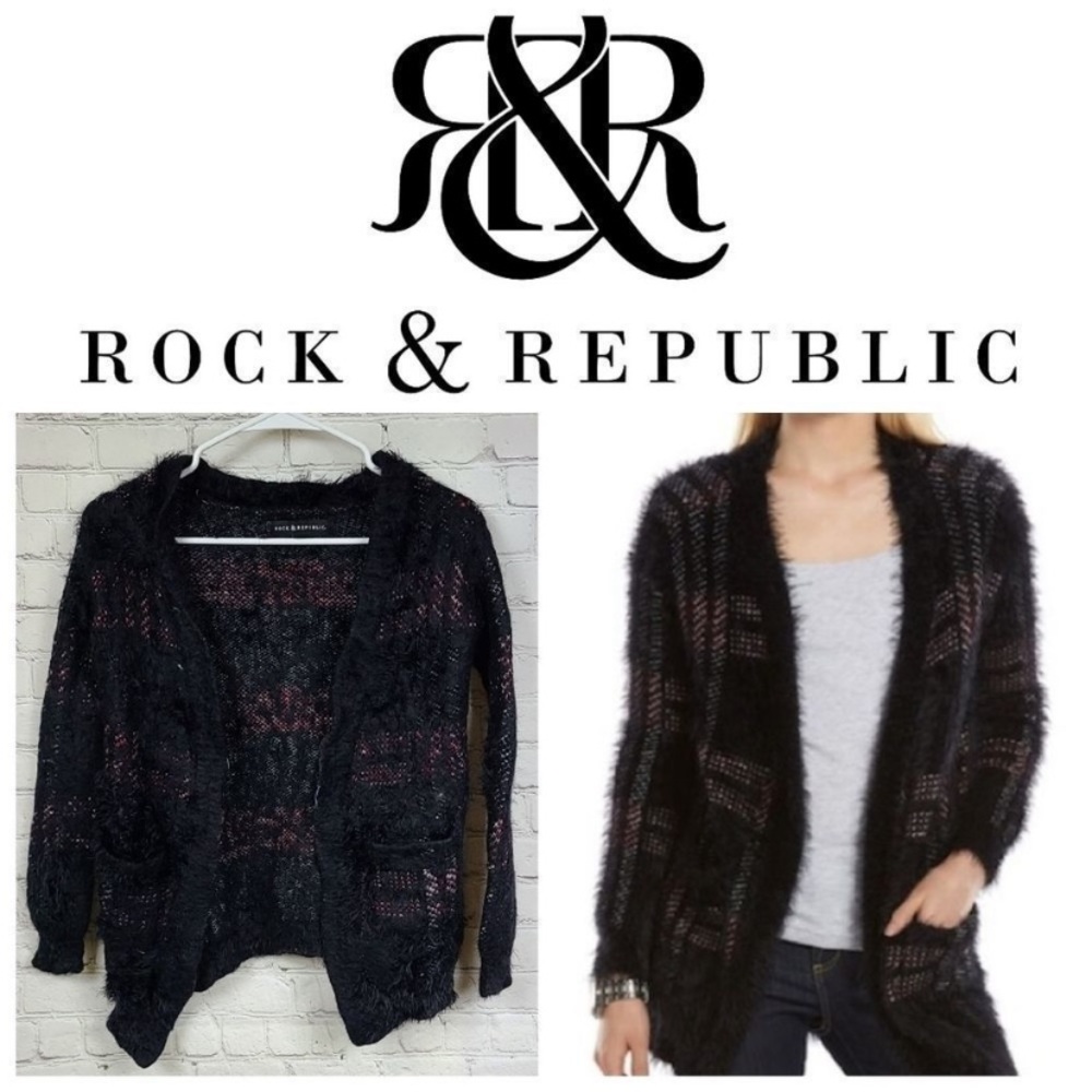 Rock & Republic Plaid Eyelash Cardigan Sweater Black Red Pockets Medium